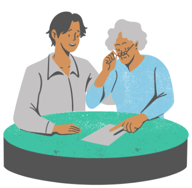 Illustration of older and younger person looking at a form