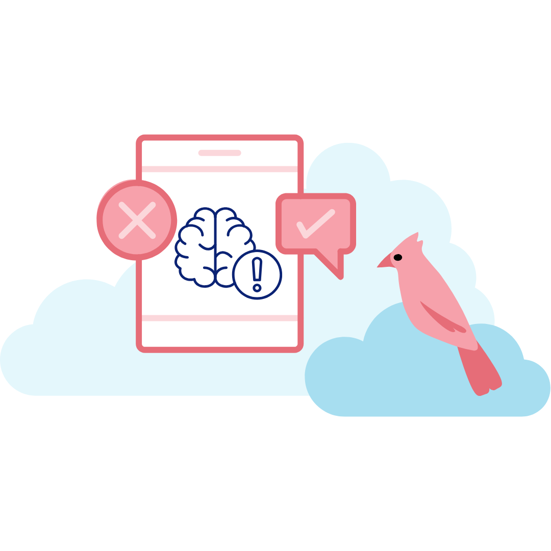 Pink cardinal sitting on a blue cloud looking at a tablet screen displaying a brain injury screener question