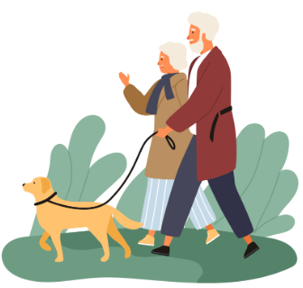 Older couple walking their dog